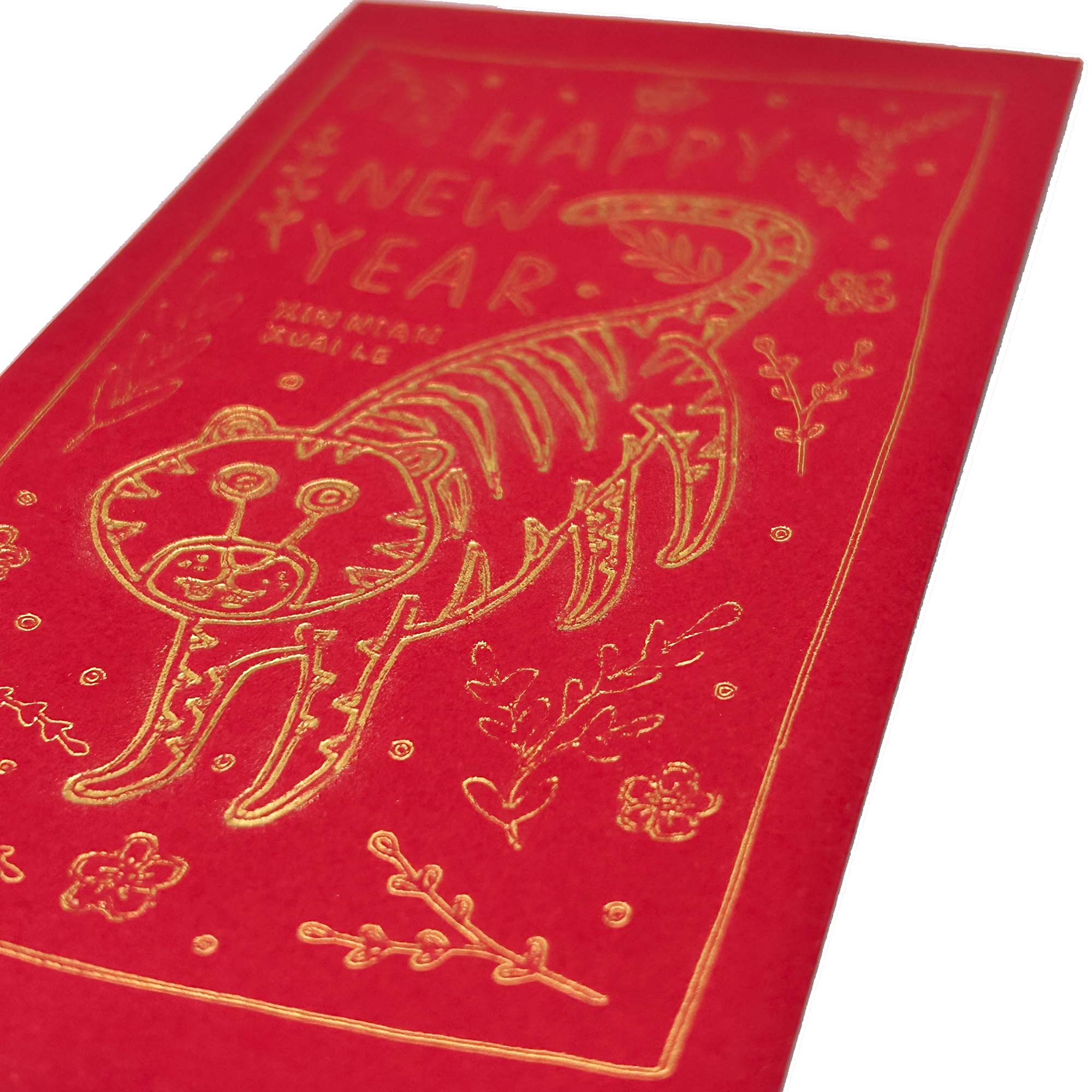 A vibrant red envelope featuring a floral tiger design, symbolizing luck and prosperity for Lunar New Year celebrations.
